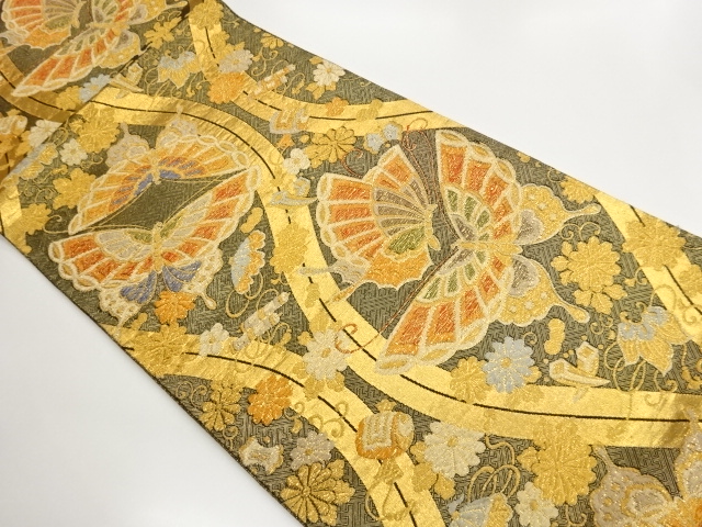 JAPANESE KIMONO / FUKURO OBI / SAGANISHIKI / WOVEN ARABESQUE FLOWER & BUTTERFLY 